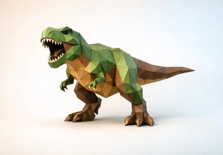 Un T-Rex ruggente, uno dei tanti dinosauri da costruire con la carta, mostra la sua ferocia con la bocca spalancata.