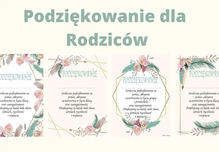 Urocze kartki z podziękowaniami dla rodziców od nauczycieli przedszkola, ozdobione piórkami i kwiatami.
