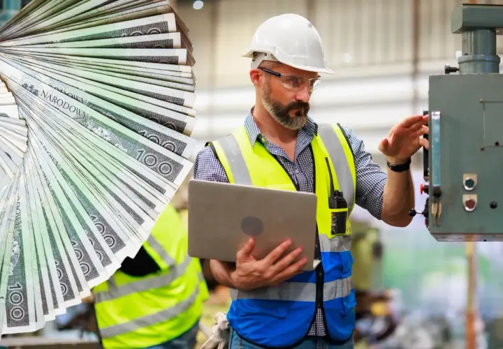 Doświadczony monter w kamizelce odblaskowej i kasku, z laptopem w ręku, obsługuje maszynę. Obok wachlarz banknotów 100 zł.