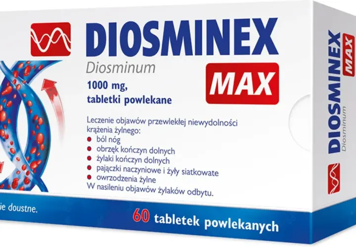 Opakowanie Diosminex Max 1000 mg, 60 tabletek. Leczy objawy niewydolności krążenia żylnego, np. ból nóg. Sprawdź Diosminex Max cena.
