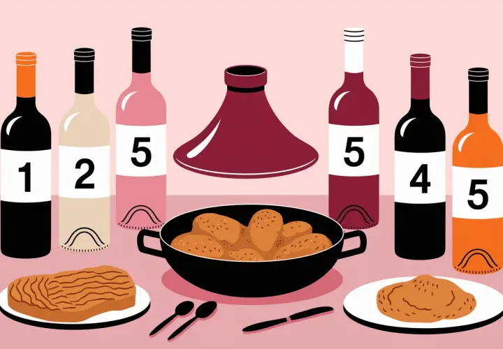 Bouteilles de vin numérotées et un plat de tajine poulet, prêt à être dégusté.