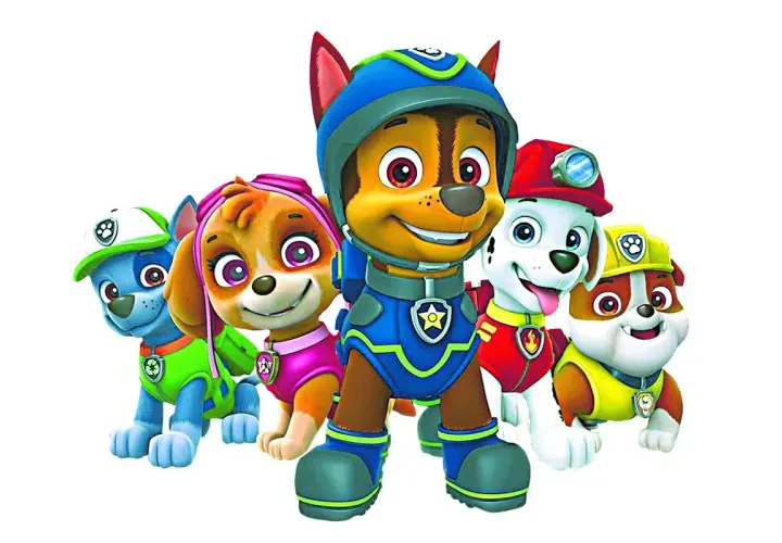Psi Patrol: Chase, Skye, Rocky, Marshall i Rubble, znane z różnych ras psów, gotowi do akcji.