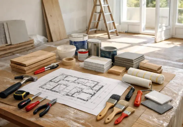 Plans, outils, peinture et matériaux pour un projet de rénovation.