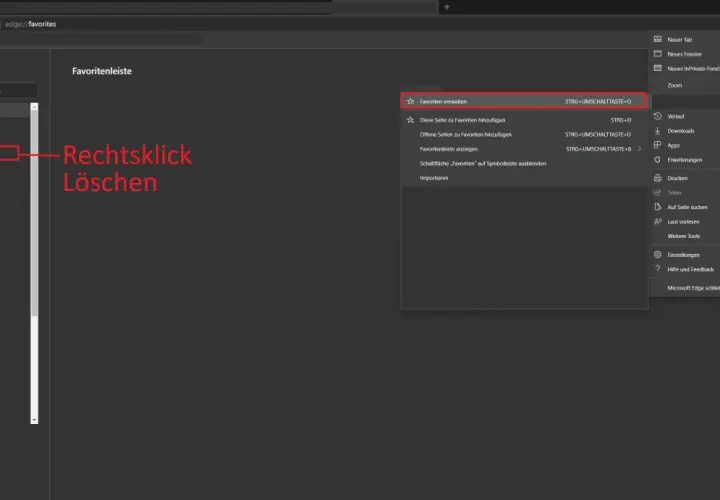 Microsoft Edge: Favoritenleiste mit Ordnern und Kontextmenü zum Löschen.