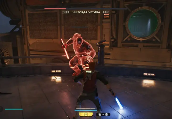 Jedi Survivor: Cal Kestis walczy z Dziewiątą Siostrą, używając niebieskiego miecza świetlnego.