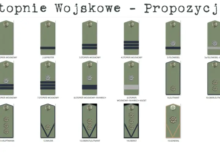 Ilustracja przedstawia różne stopnie wojskowe wojsk lądowych z oznaczeniami.
