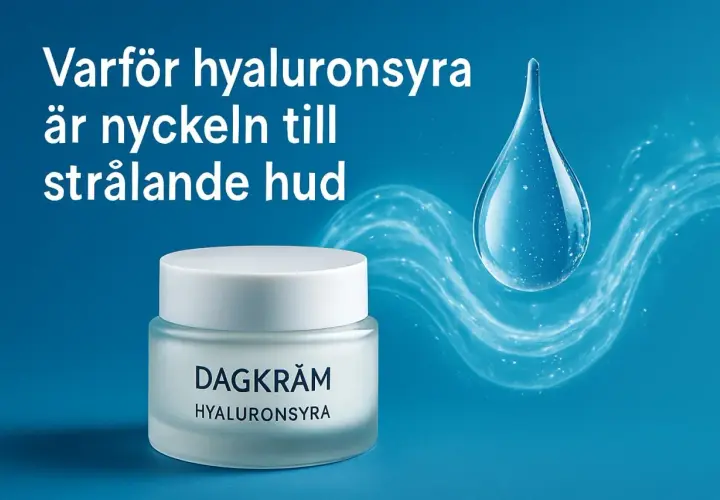 En burk dagkräm med texten "Hyaluronssyra" bredvid en stor vattendroppe. Texten "Varför hyaluronsyra är nyckeln till strålande hud" syns i bakgrunden.