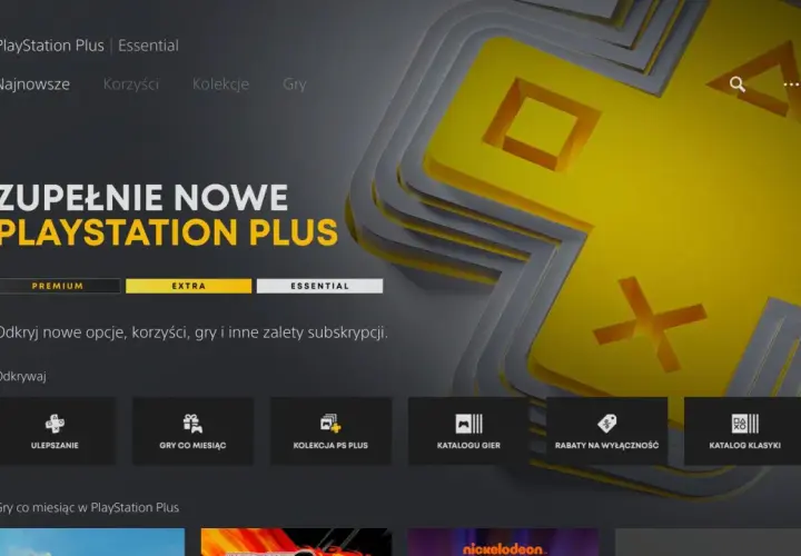 Ekran PlayStation Plus z opcją Essential. Widoczne ikony ulepszeń, gier co miesiąc, kolekcji PS Plus, katalogu gier, rabatów i klasyki.