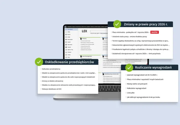 Ekran komputera z widokiem na zmiany w prawie pracy, składki i rozliczanie wynagrodzeń.