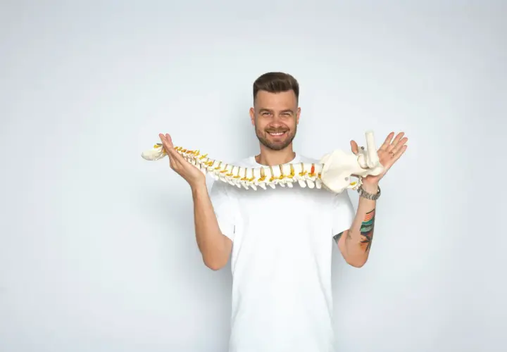 Uśmiechnięty mężczyzna trzyma model kręgosłupa, wyjaśniając, whiplash co to jest.