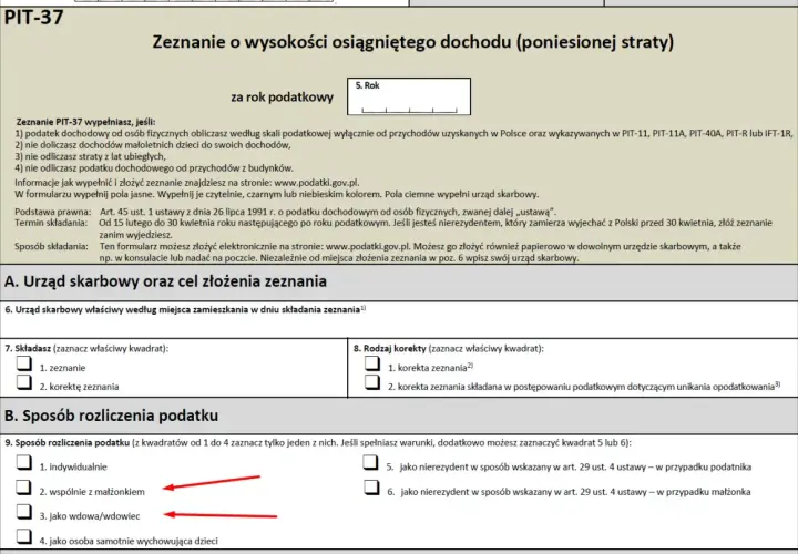 Fragment formularza PIT-37 z zaznaczonymi opcjami "wspólnie z małżonkiem" i "jako wdowa/wdowiec".