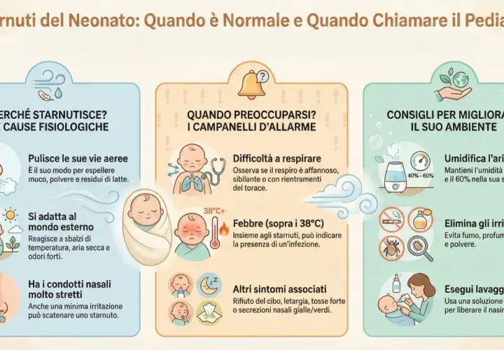 Il neonato starnutisce per pulire le vie aeree, adattarsi all'ambiente o per condotti nasali stretti. Attenzione a febbre e difficoltà respiratorie.