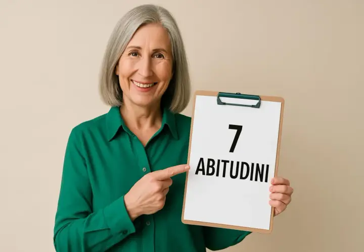 Donna sorridente con capelli grigi mostra un foglio con scritto "7 ABITUDINI". 50 anni e non sentirli, con saggezza e vitalità.