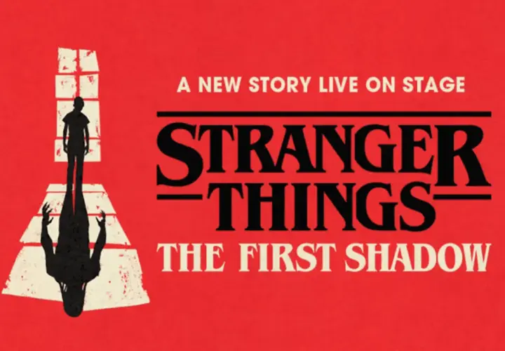 En silhuett av ett barn står framför ett fönster, dess skugga sträcker sig ut med uppsträckta händer. Texten "Stranger Things The First Shadow" syns tydligt.