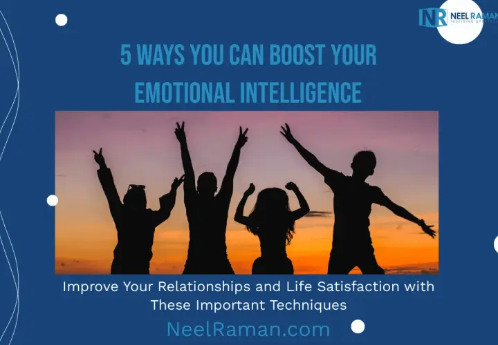 Silhouettes of four people celebrating at sunset. This image inspires self-discovery questions for boosting emotional intelligence and improving life satisfaction.