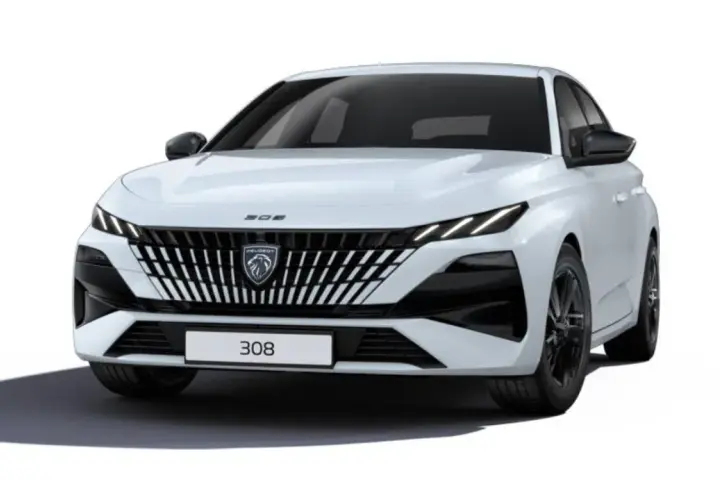 Nowy Peugeot 308 w białym kolorze, z charakterystycznym grillem i ostrymi światłami LED. Elegancki i nowoczesny design.