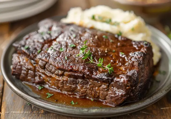 Un paleron au vin rouge, tendre et savoureux, nappé d'une sauce riche, servi avec une purée onctueuse.