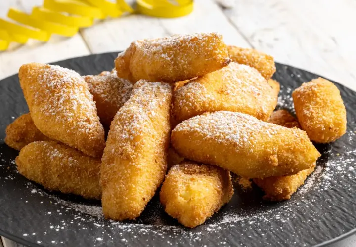 Un mucchio di dorate crema fritta, cosparse di zucchero a velo, su un piatto scuro.
