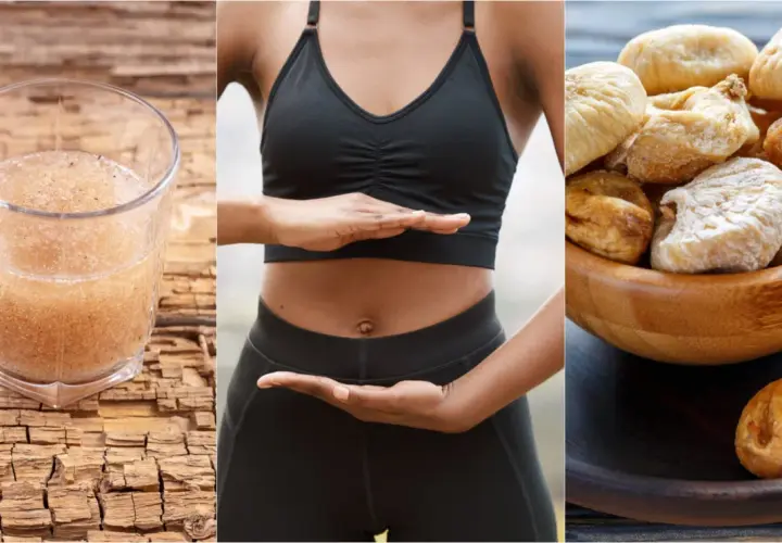 Un vaso de bebida con semillas, una persona con las manos en el abdomen y un cuenco de higos secos. Soluciones naturales para el estreñimiento.