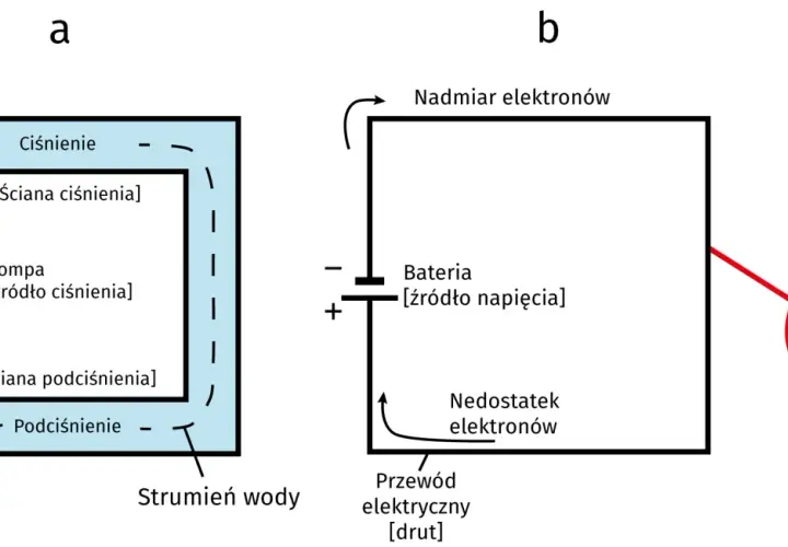 Schemat a: pompa tworzy ciśnienie, wprawiając w ruch strumień wody. Schemat b: bateria tworzy napięcie, powodując przepływ elektronów, czyli prąd. To natężenie.