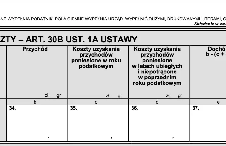 Fragment formularza podatkowego PIT z nagłówkami: "Źródło przychodów", "Przychód", "Koszty uzyskania przychodów", "Dochód".