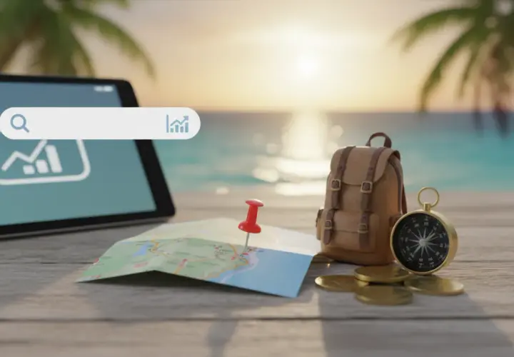 Tablet z wyszukiwarką, mapa, plecak, kompas i monety na tle plaży.