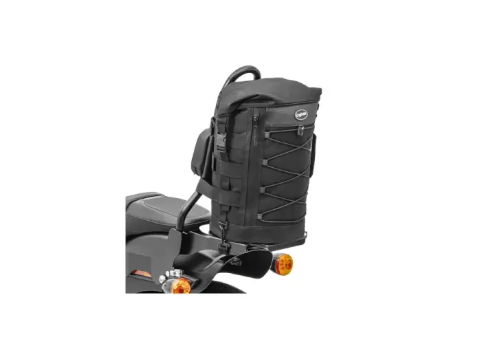 Borsa sissy bar nera, capiente e robusta, ideale per ogni viaggio in moto.