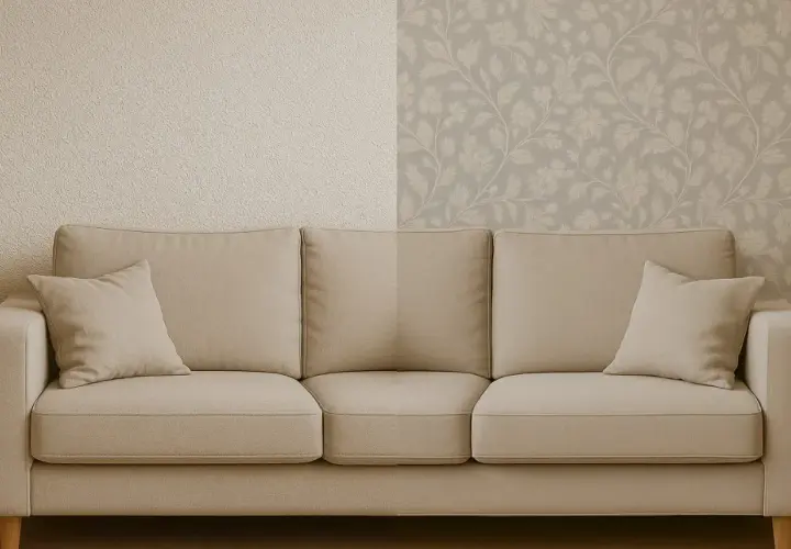 Sofá beige con cojines, flanqueado por mesitas de madera con jarrones. La pared tiene un **efecto sello** dividido: texturizada a la izquierda, floral a la derecha.