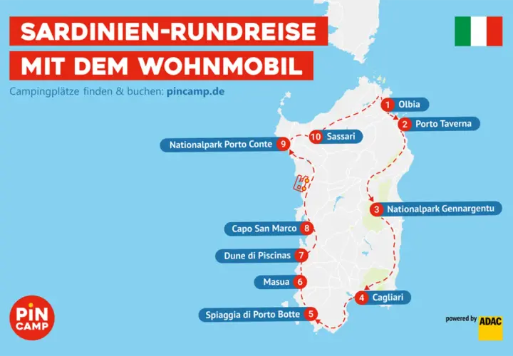 Sardinien-Rundreise mit dem Wohnmobil: Karte zeigt Route von Olbia über Sassari und Cagliari.