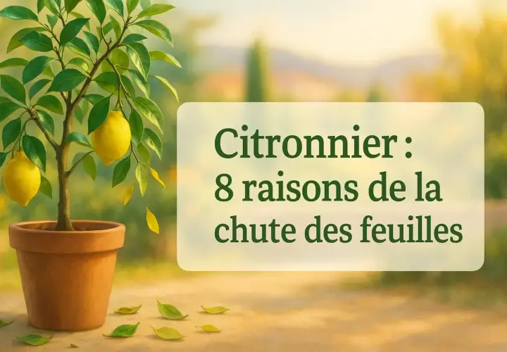 Un citronnier en pot perd ses feuilles. Le texte indique "Citronnier : 8 raisons de la chute des feuilles".