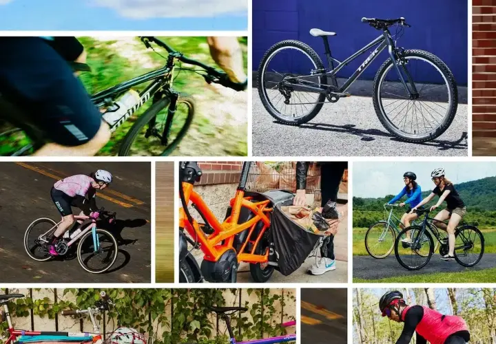 Różne rodzaje rowerów: górski, miejski, szosowy, elektryczny i cargo.