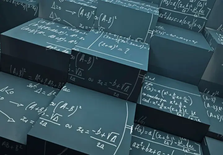 Cubos con fórmulas de ejercicios de polinomios 2 eso. Se ven ecuaciones como (A+B)² y la fórmula cuadrática.