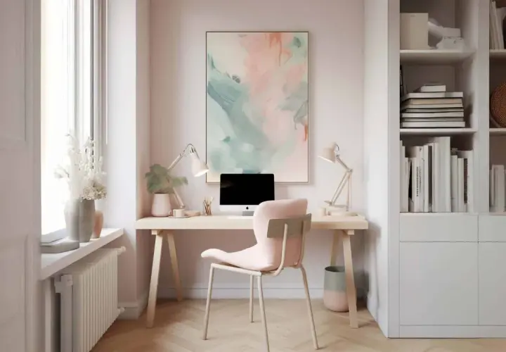 Schreibtisch mit Computer und Stuhl, perfekt um ein **home office im wohnzimmer integrieren**. Bücherregal und Kunstwerk schaffen Gemütlichkeit.