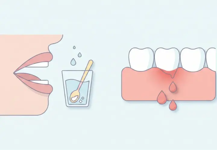 Ilustración de boca y dientes con encías inflamadas y sangrantes, indicando una posible infeccion encias. A la izquierda, un vaso con agua y cuchara.