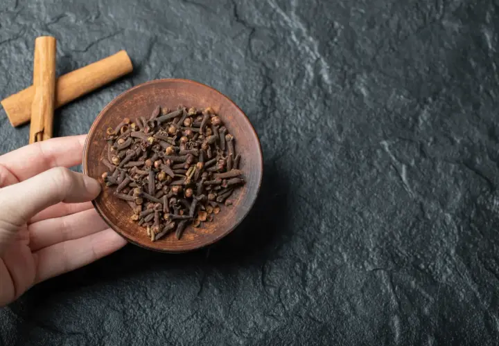 Un plato de clavo de olor, un remedio natural para el dolor de muelas, junto a dos ramas de canela sobre una superficie oscura.