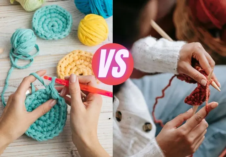 Hands crocheting with colorful yarn and hands knitting with wooden needles. A creative comparison of knitting and sewing crafts.