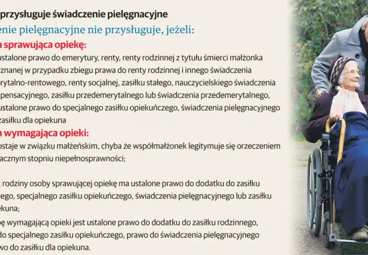 Młoda kobieta pcha wózek z seniorką. Czy opiekun osoby dorosłej niepełnosprawnej może pracować? Tekst wyjaśnia warunki przyznawania świadczeń.