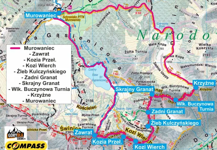 Mapa Tatr z zaznaczoną Orlą Percią, pokazująca szlaki i **wysokość** szczytów, m.in. Kozi Wierch, Zawrat, Granaty.