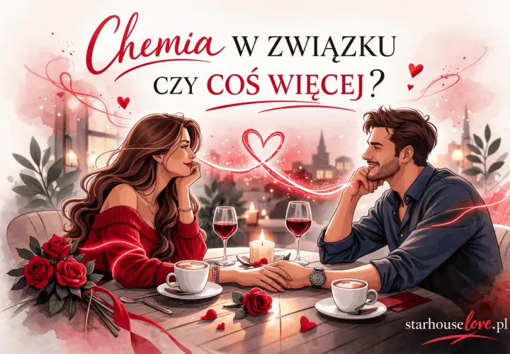 Para zakochanych przy romantycznej kolacji. Widać iskrzącą się chemię między kobietą a mężczyzną, podkreśloną przez serca i płomień świecy.