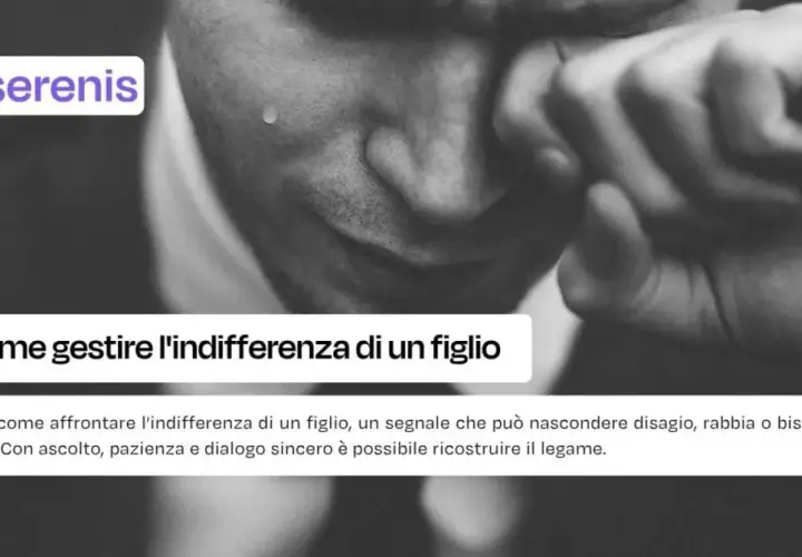 Volto di uomo che piange, con testo "Come gestire l'indifferenza di un figlio". Affrontare figli che non amano i genitori è doloroso.