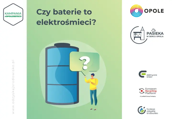 Grafika pyta: "Czy baterie to elektrośmieci?". Człowiek z żółtą bluzą wskazuje na znak zapytania obok wielkiej baterii.