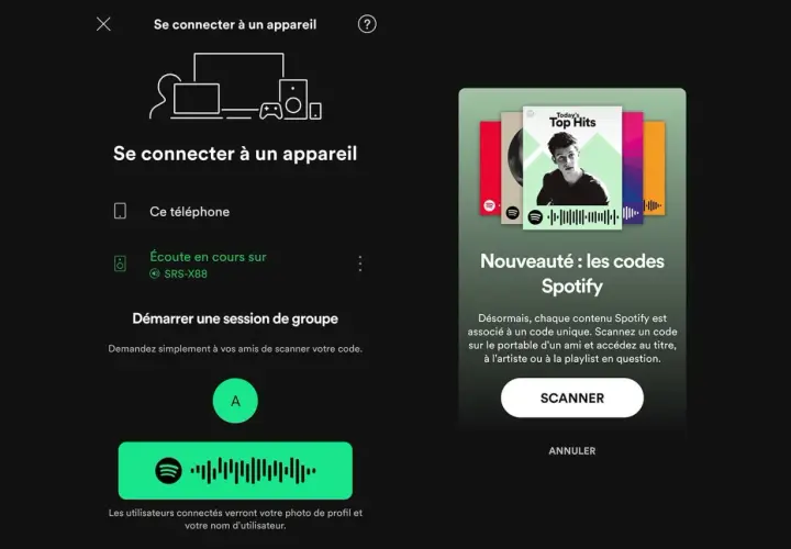 Démarrez une session de groupe pour le partage musique entre amis sur Spotify. Scannez le code pour vous connecter.