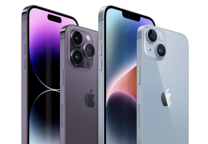 Trzy iPhone'y 14 Pro w różnych kolorach. Zastanawiasz się nad wymianą baterii iPhone 14 Pro?