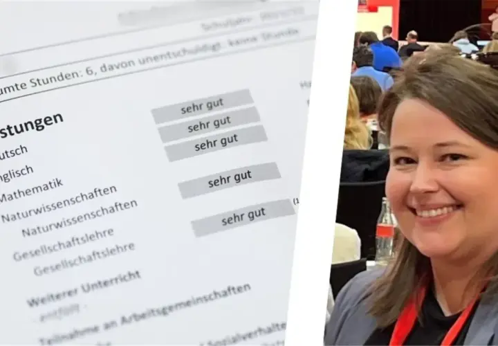 Ein Zeugnis mit "sehr gut" in allen Fächern, das die Erfolge digital festhält. Eine lächelnde Frau im Vordergrund.