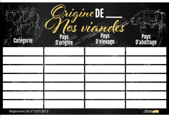 Tableau pour tracer l'origine de nos viandes, avec des sections pour la catégorie, le pays d'origine, d'élevage et d'abattage. Idéal pour la viande origine France.