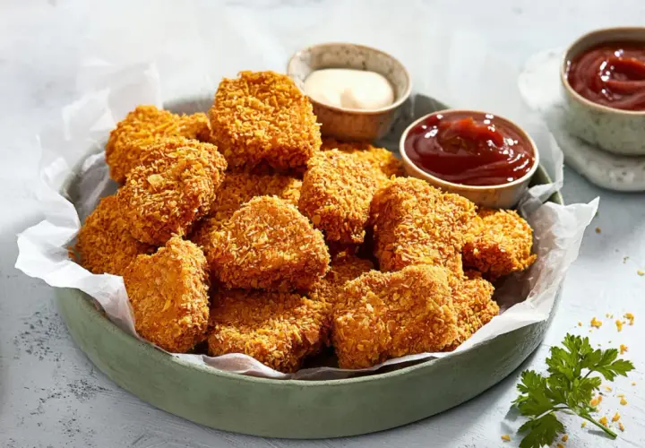 Chrupiące nuggetsy w panierce, idealne na przekąskę. Zastanawiasz się nad ich kcal? Podane z ketchupem i sosem majonezowym.