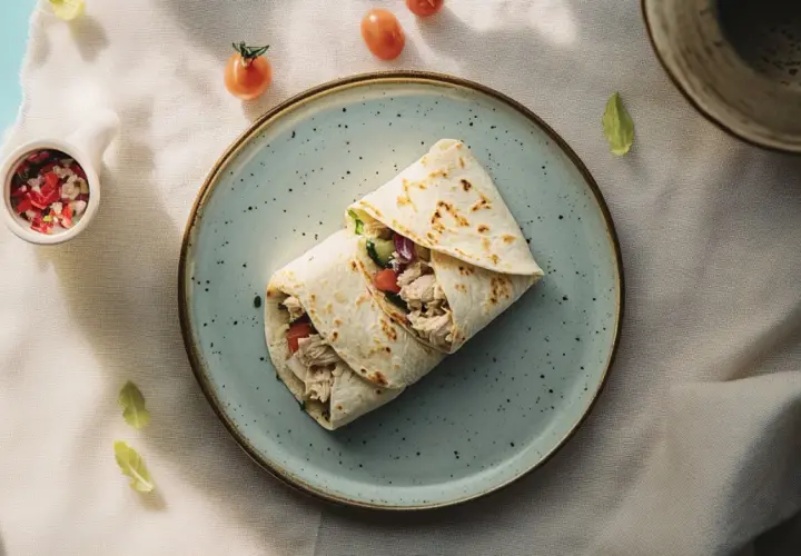 Pyszny snack wrap z kurczakiem i warzywami na talerzu, otoczony pomidorkami i listkami.