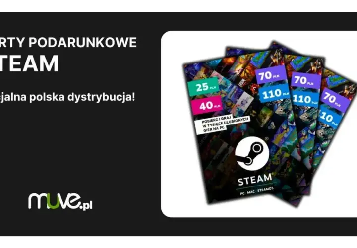 Karty podarunkowe Steam o różnych nominałach, logo Steam i muve.pl.