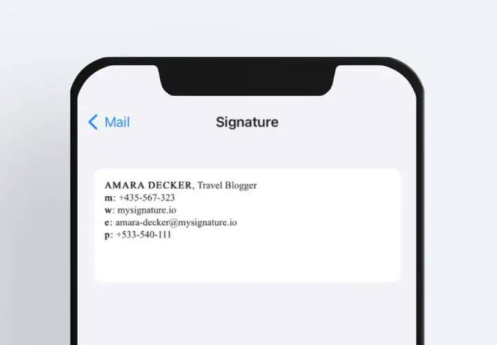 Signature mail iPhone : Amara Decker, blogueuse voyage, ses coordonnées s'affichent.
