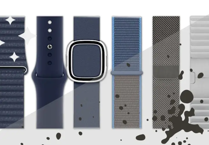 Verschiedene Apple Watch Armbänder in Blau- und Grautönen, bereit für das apple watch armband reinigen. Glänzende Sterne deuten auf Sauberkeit hin.